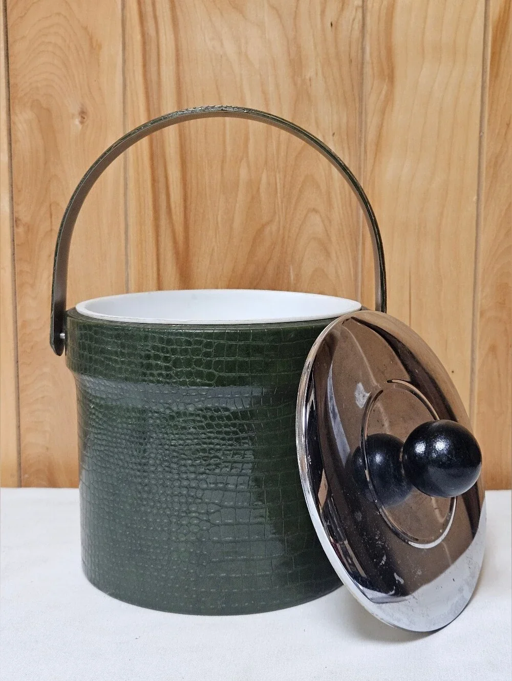 Atapco Ice Bucket 1960s Embossed Green Faux Alligator W/ Stainless Lid Wood Knob